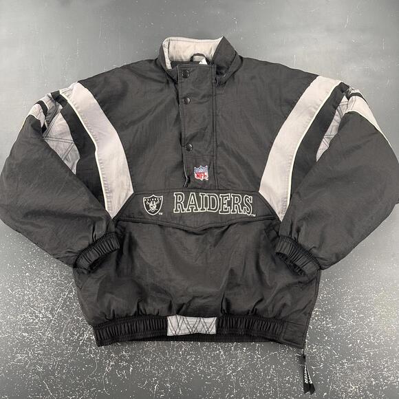 VTG Raiders Starter Jacket Mens Large Black Gray Striped 1/4 Zip Pro Line Puffer - Picture 4 of 8